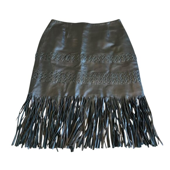 Paolo Santini Black Leather Skirt Fringe Fitted Bohemian Luxury Size 6 Women's - Picture 5 of 10